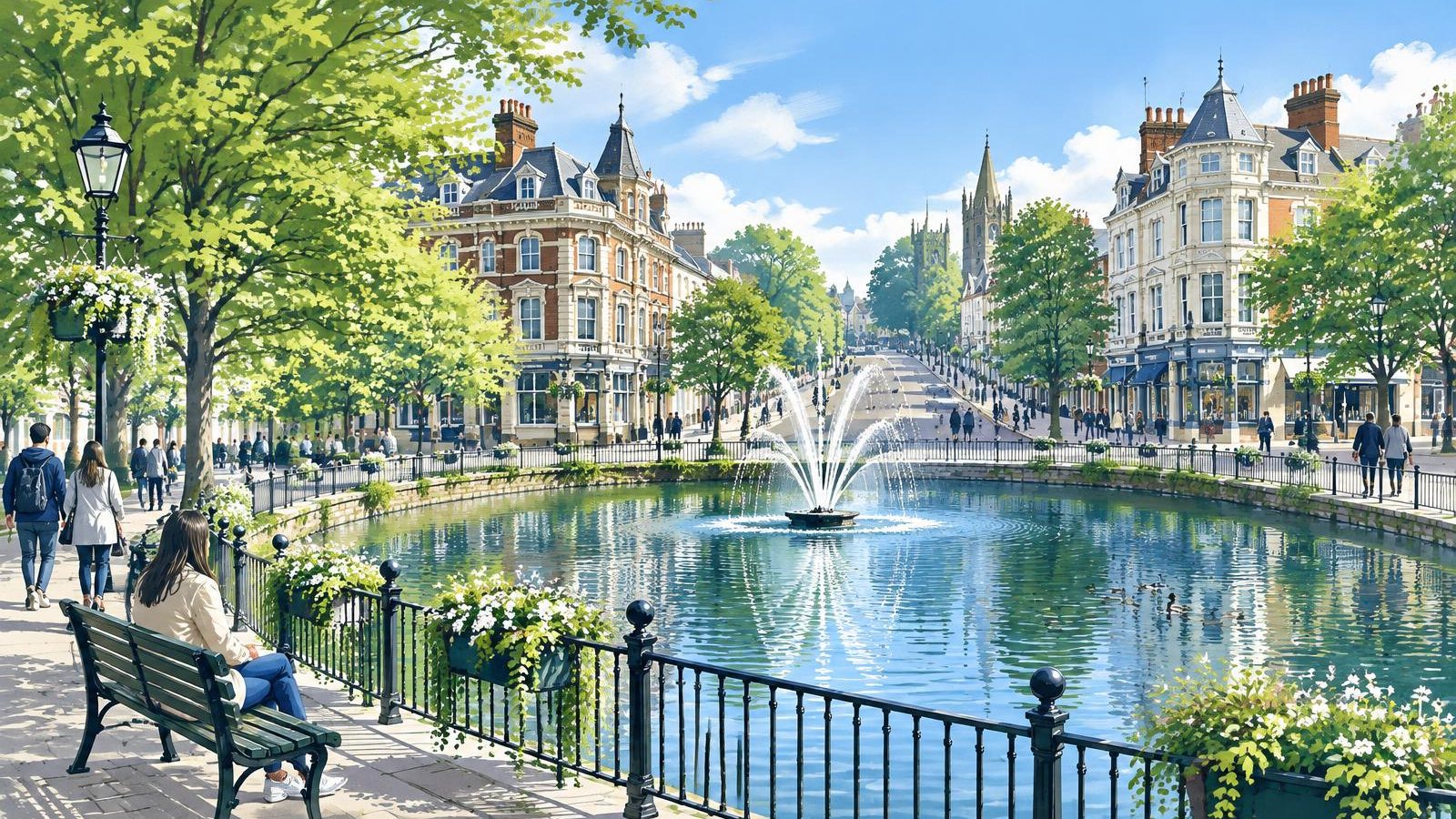 Artist's impression of the Pond at the top of Watford High Street, with a fountain, railings and Victorian buildings behind
