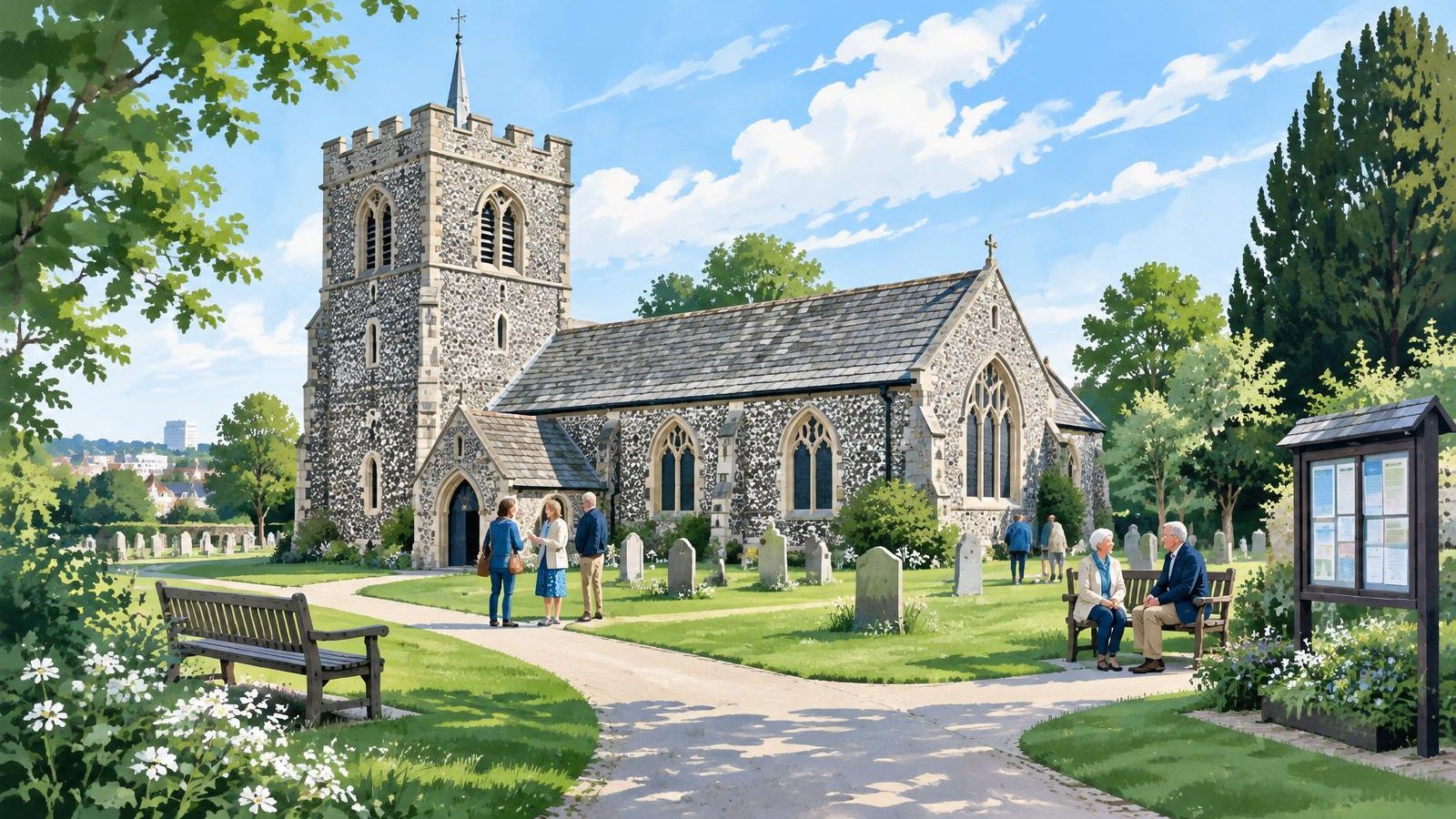 Artist's impression of St Mary's Church, Watford, with its flint tower, churchyard paths and a community noticeboard