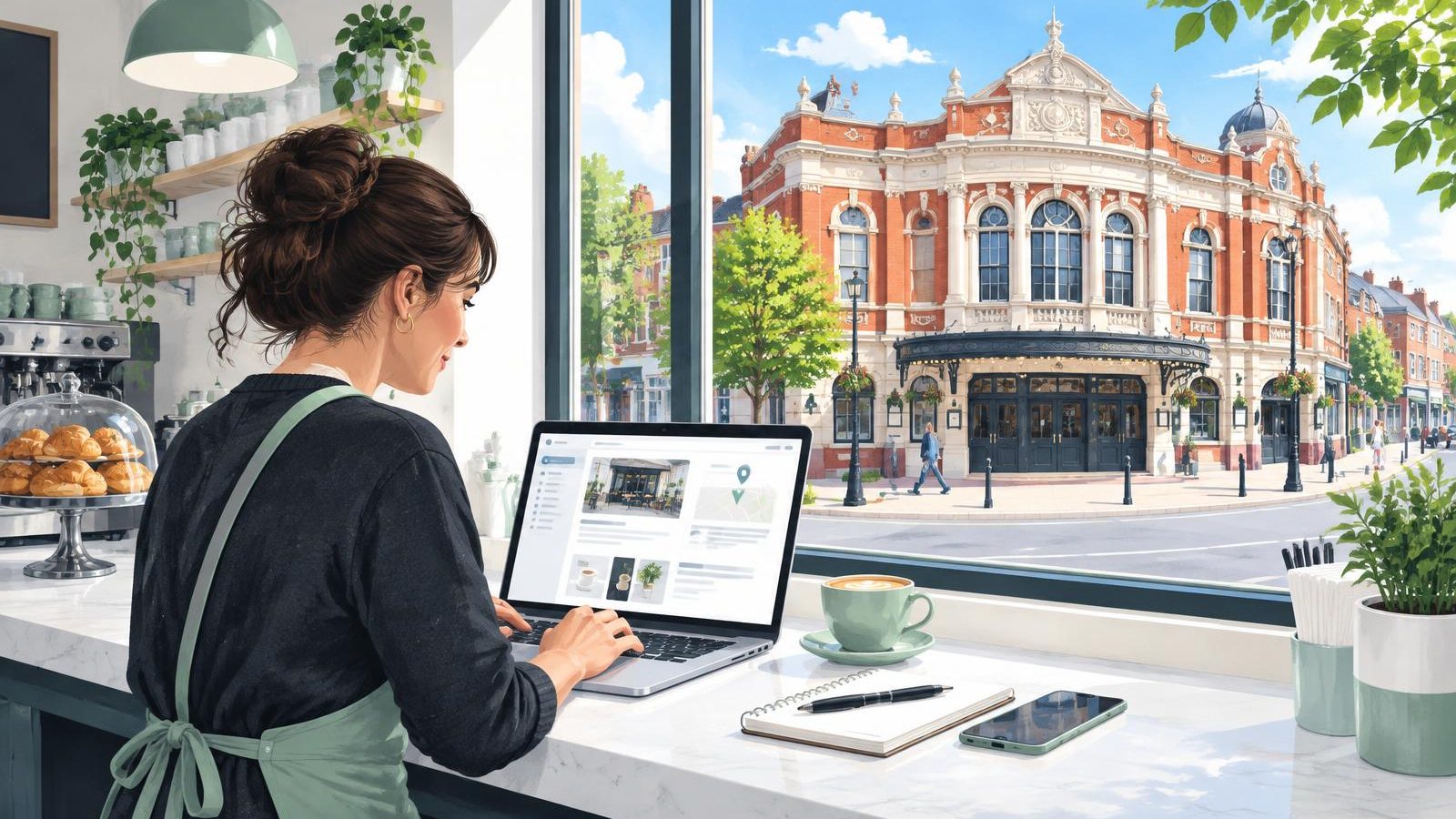 Artist's impression of a Watford cafe owner setting up a business listing on a laptop, with the Palace Theatre seen through the window