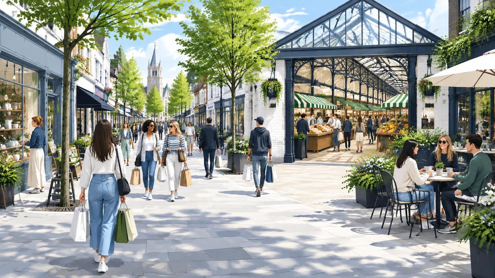 Artist's impression of shoppers on a pedestrianised Watford street beside a covered market hall and cafe tables