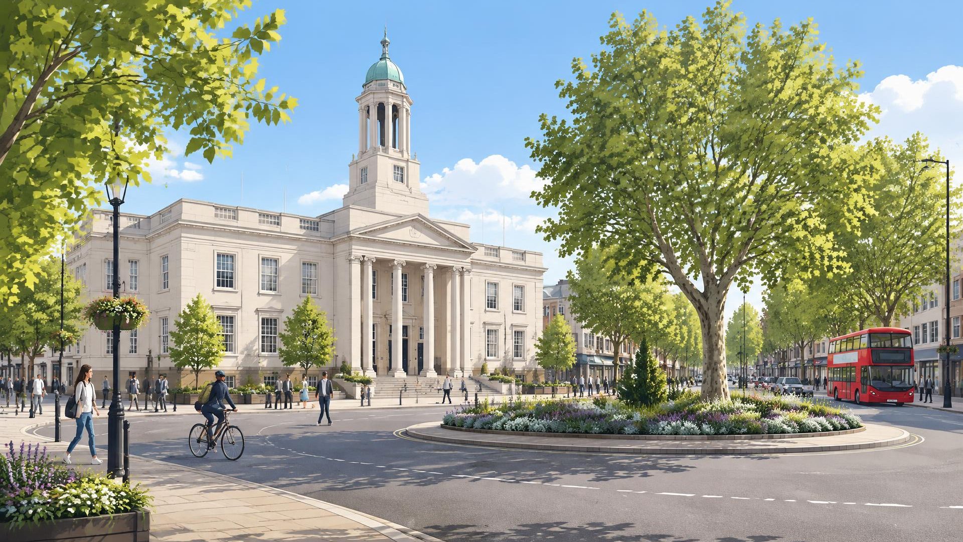 Artist's impression of Watford Town Hall and the tree-lined roundabout outside it, with people walking and cycling